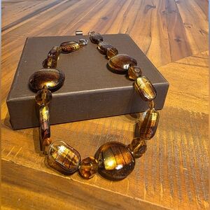 Elegant Gold and Brown Beaded Necklace with Gold Leaf Inlay